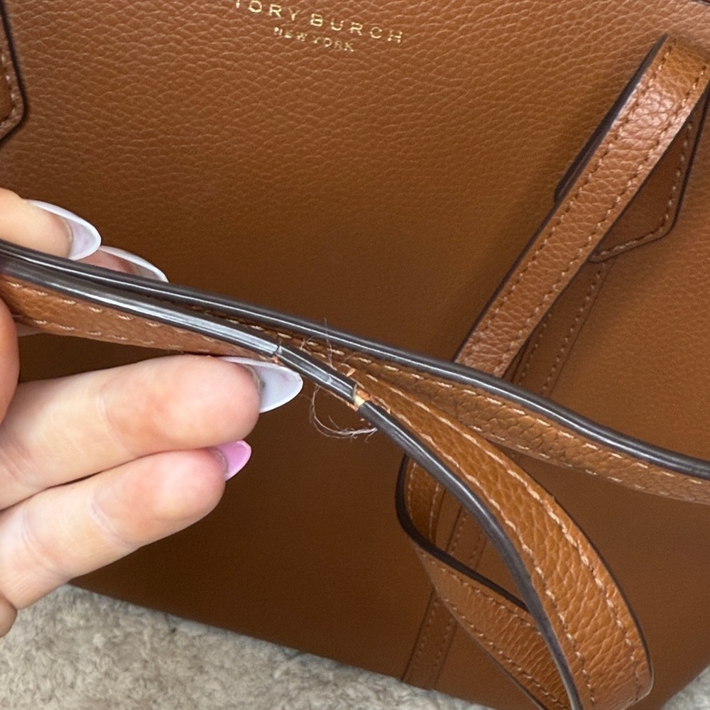 Tory Burch Perry Triple Compartment Tan Leather Tote with Red Accent - Picture 11 of 16